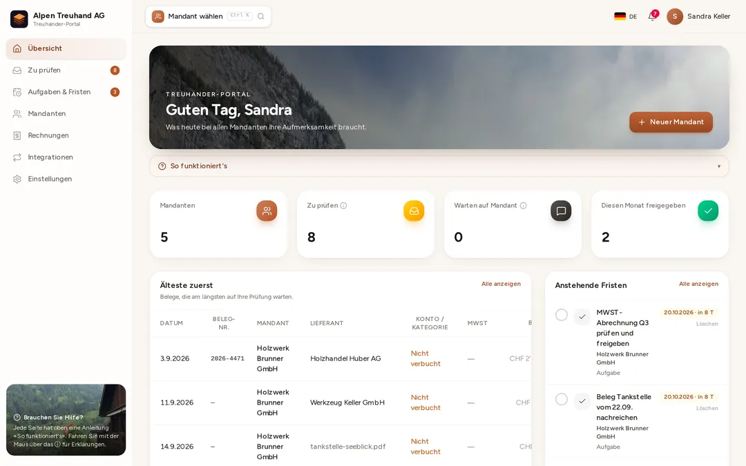 Accountant portal: home page with clients, open receipts and deadlines