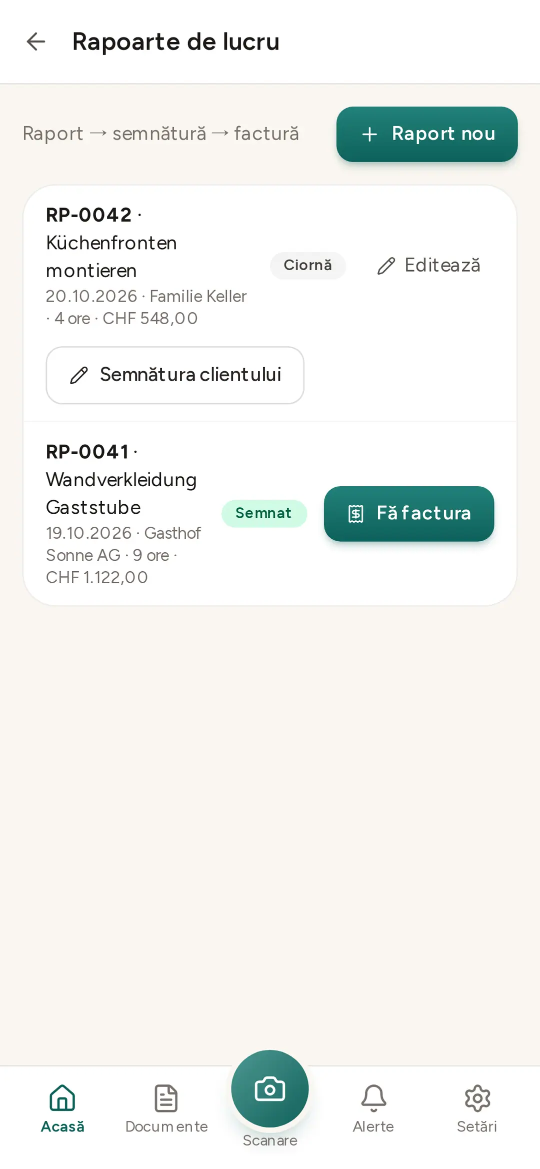 Rapoarte de lucru în aplicaţie