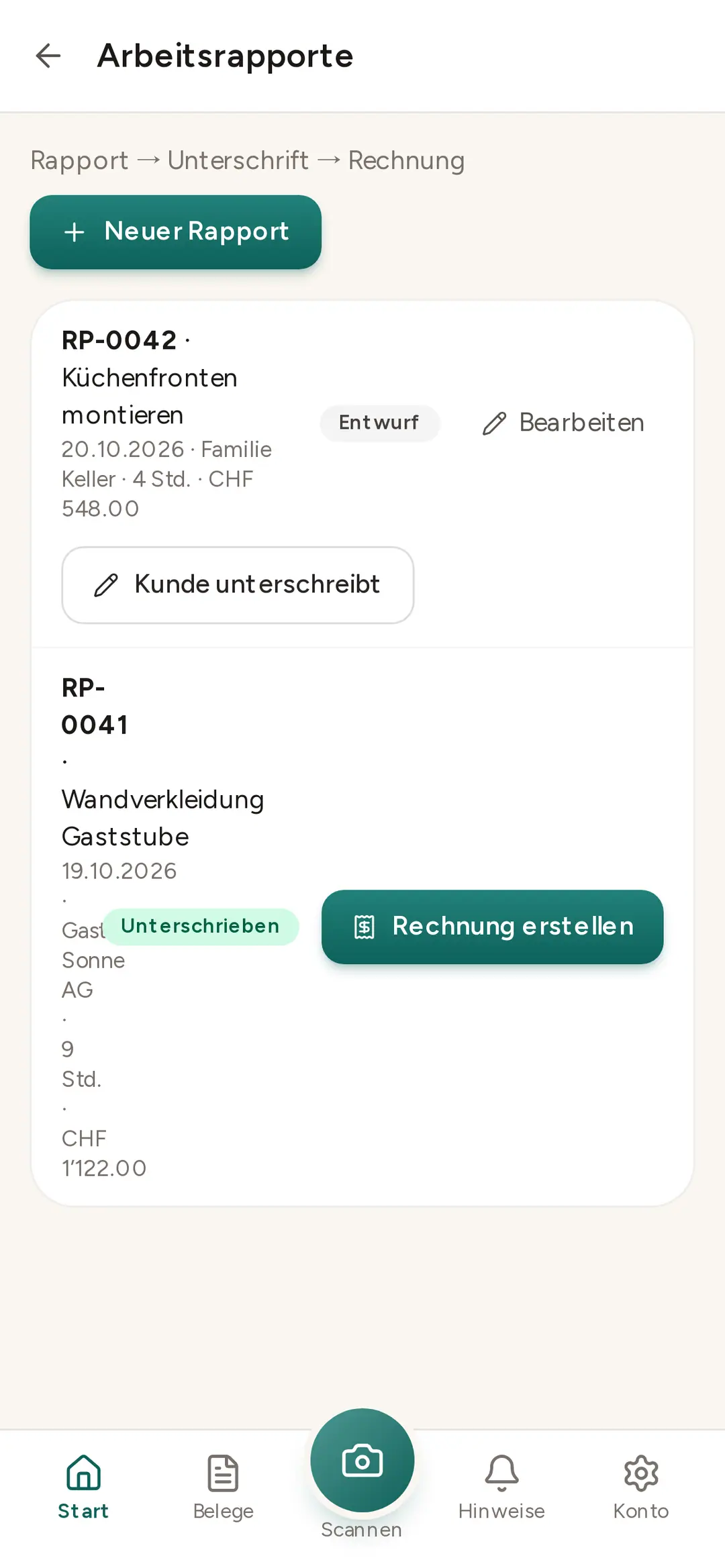 Arbeitsrapporte in der App