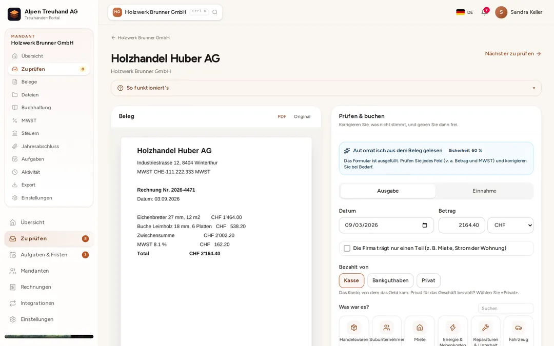 Review and post a receipt: the receipt on the left, the recognised draft entry on the right