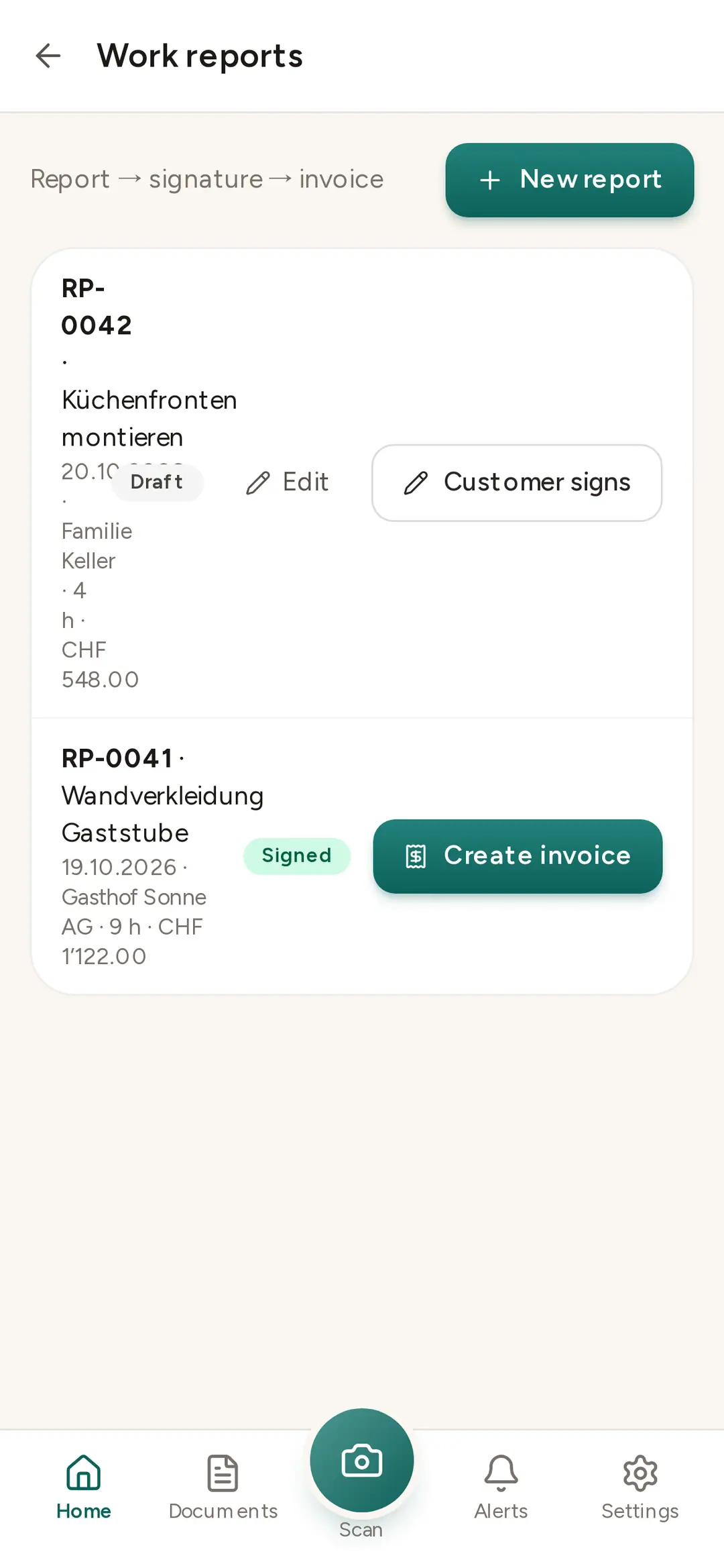 Work reports in the app