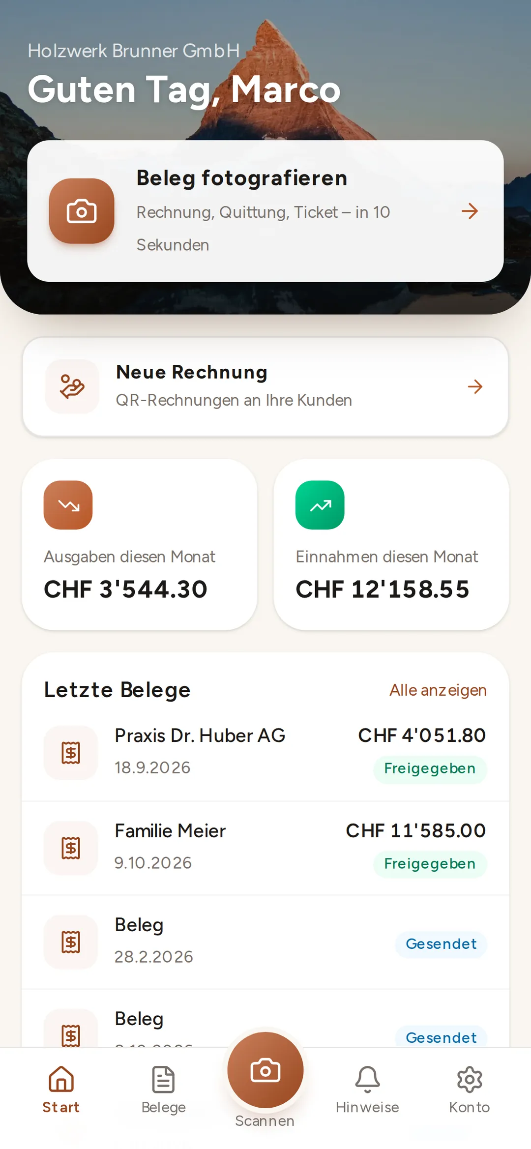 Buchsnap app: home screen with the option to photograph a receipt