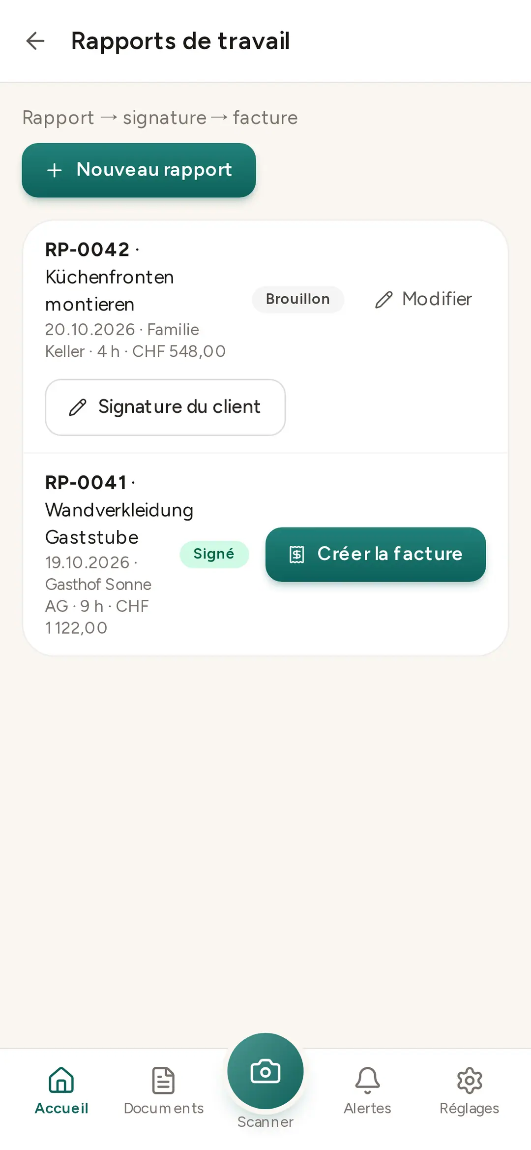 Rapports de travail dans l'app