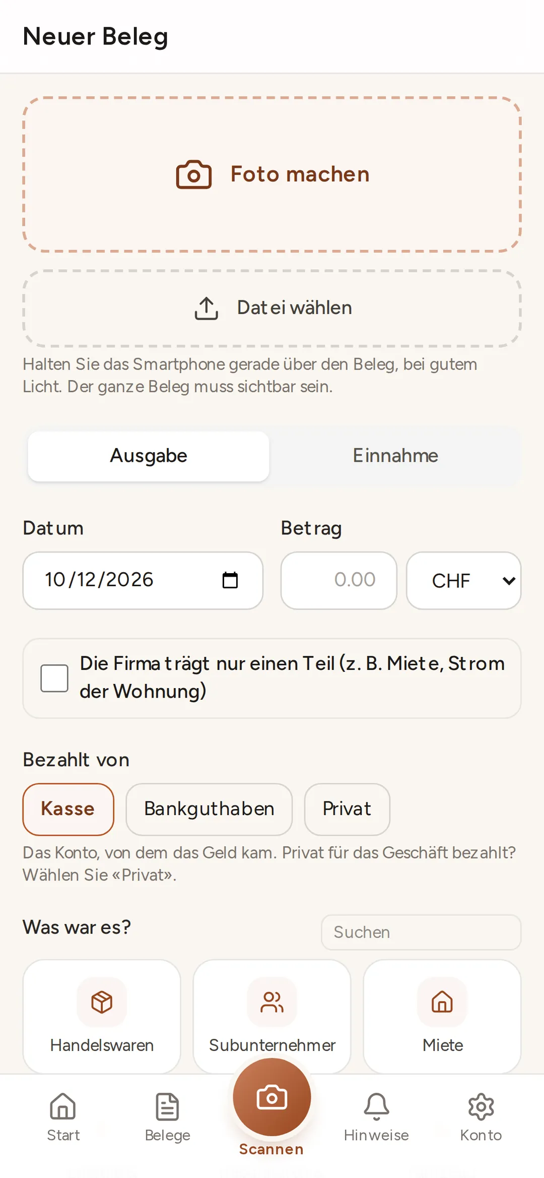 Buchsnap app: capture a new receipt