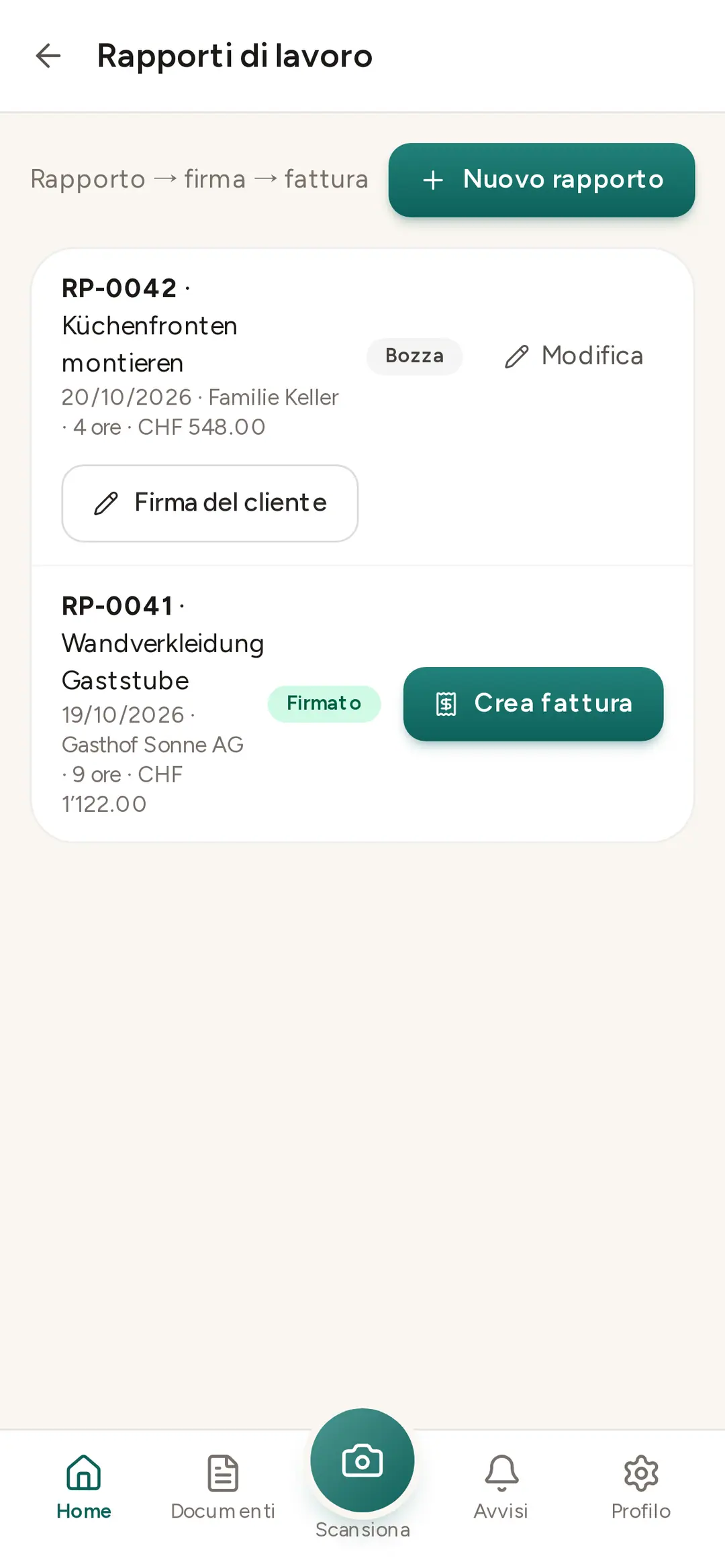 Rapporti di lavoro nell'app