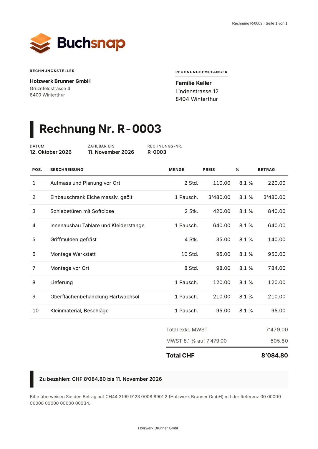 QR-bill, page 1: line items, VAT and total