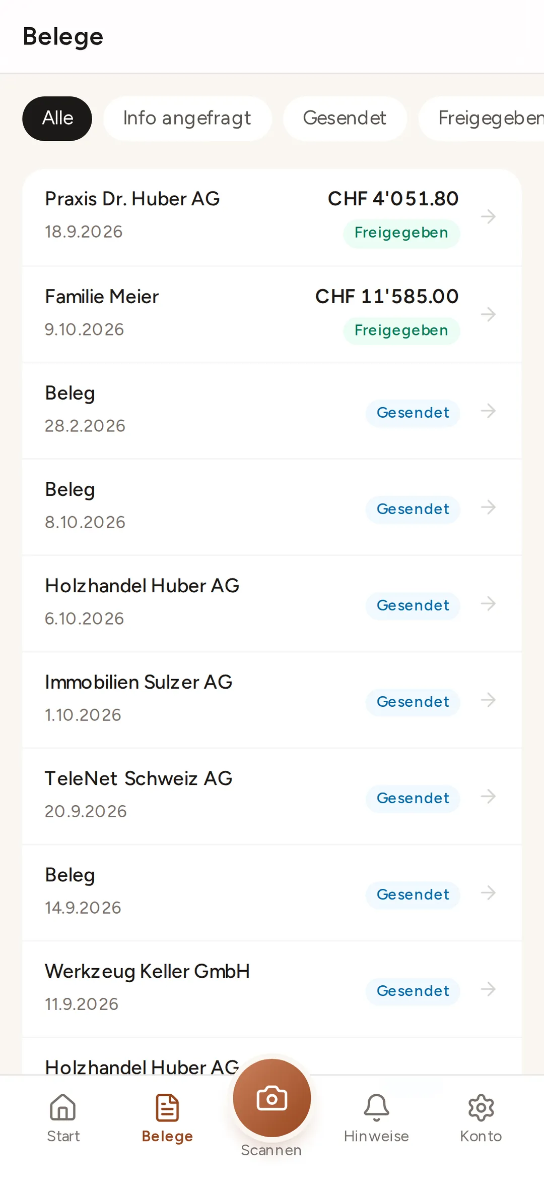 Buchsnap app: receipts with their status