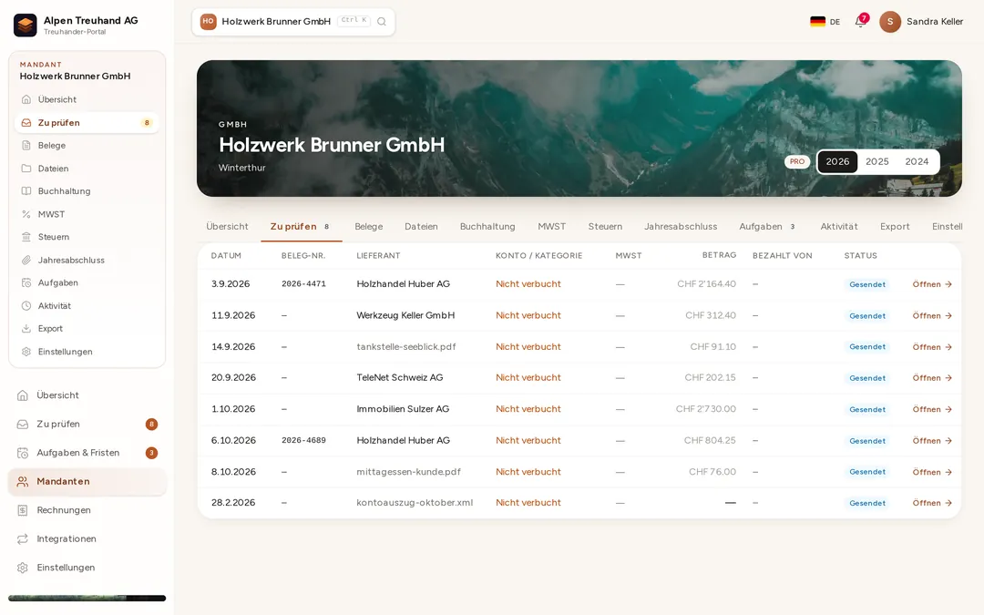 Receipts to review: supplier, amount and status at a glance